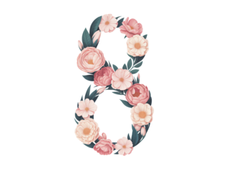 Number 8 Formed by Pink and White Flowers and Green Leaves on Beige Background eight isolated on a transparent background