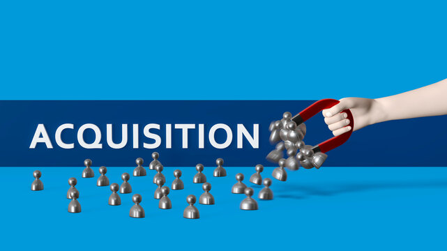 concept d'acquisition de clients, une main tient un aimant qui attire des personnages - rendu 3D