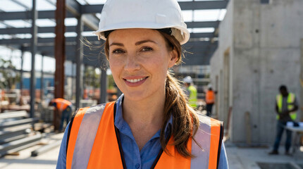 Female engineer smiling at construction site wearing safety gear  