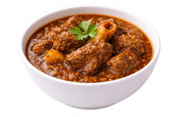 Hearty Beef Curry in White Bowl with Fresh Herbs