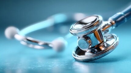 Close-up of a silver stethoscope on a blue textured surface medical healthcare