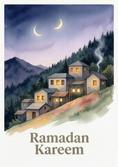 Ramadan kareem village night watercolor with crescent moons