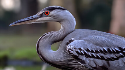 Close up of a crane is standing with feathers ruffled beside a pond rimmed with reeds. Its eye and plumage captured in sharp detail with misty backdrop. Wildlife. Endangered animals.