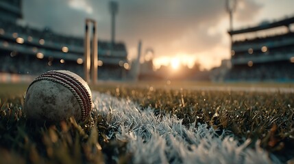 Cricket ball on grass at stadium with sunset field