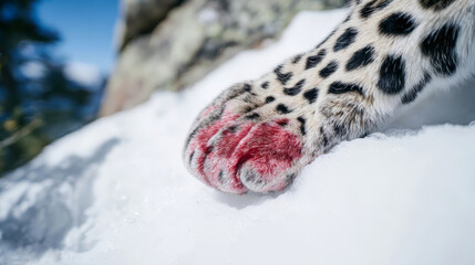 Close up photo of a leopard's paw showing the massive 10cm diameter and fur-covered pads that act as natural snowshoes. Fresh blood stains the claws from a recent ibex kill. Endangered animals.