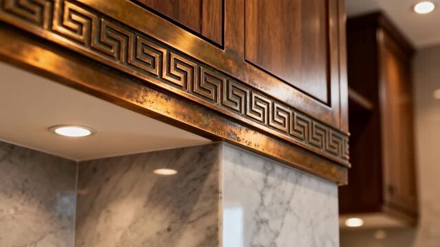Medium shot of bronze metal trim detail adorning structural edges showcasing warm tones and subtle texture that elevate the sophistication of interior design elements.