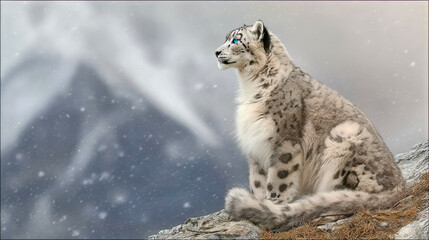 Snow leopard perched on cliff, snowy peaks behind, thick coat ruffled by mountain wind. Snow leopard's camouflage mastery. The falling snow creates a dreamlike atmosphere. Endangered animals.
