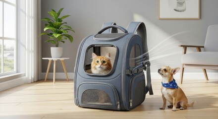 Companion animals interact near a modern pet carrier designed for travel