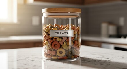 Glass storage container filled with assorted biscuits sits on a kitchen countertop.