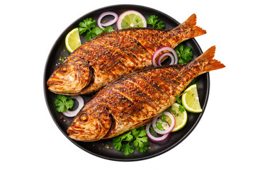 Grilled whole fish on a plate with herbs and citrus