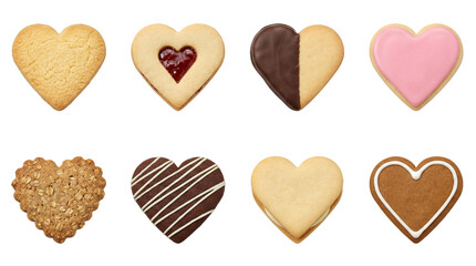 Fototapeta premium Heart shaped cookies set including shortbread, jam filled, chocolate dipped, iced, and oatmeal varieties. Valentines day and bakery food collection.