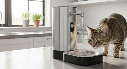 Domestic feline approaches automated hydration dispenser installed on a kitchen counter