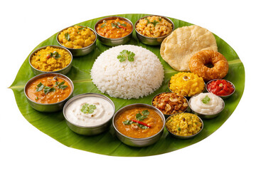 Traditional Indian thali meal with rice and curries on banana leaf