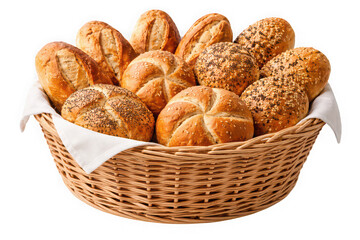 Freshly baked bread rolls in a wicker basket