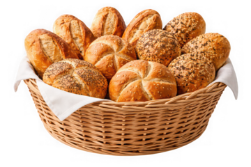 Freshly baked bread rolls in a wicker basket