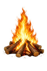 Burning campfire with logs on white background
