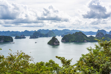 An open water view of the dramatic Ha Long Bay, Vinh Ha Long, a UNESCO World Heritage site