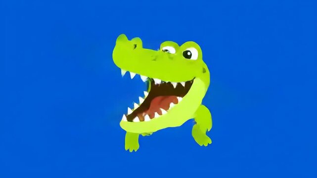 Friendly green cartoon alligator with big teeth and playful expression, against a vibrant blue background, Happy cartoon alligator smiling and showing its teeth, perfect for children's illustrations