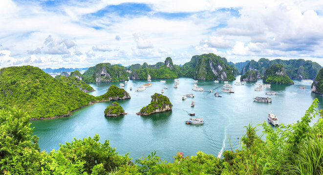 An open water view of the dramatic Ha Long Bay, Vinh Ha Long, a UNESCO World Heritage site
