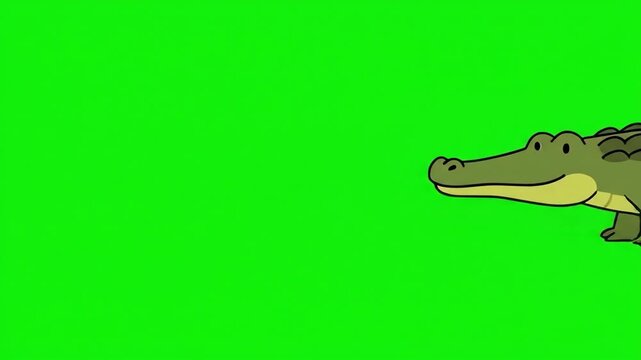 Cartoon alligator walking on a green screen background, Simple animated alligator for compositing, Animated green reptile with black outlines for easy editing