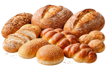 Assorted freshly baked bread on white background