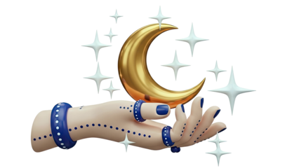 Stylized Hand Holding Crescent Moon with Stars