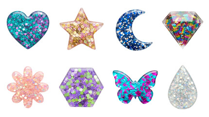 Sparkly resin charm set including heart, star, moon, diamond, flower, hexagon, butterfly, and droplet shapes. Colorful glitter jewelry and craft accessories collection.