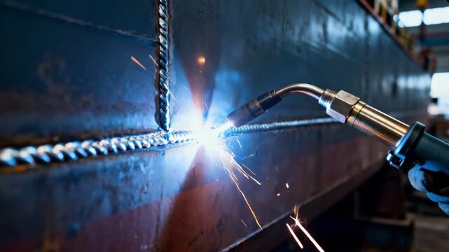 Closeup medium shot of TIG welding on a steel ship hull showcasing the clean controlled arc and smooth weld bead formation in a dimly lit industrial setting.