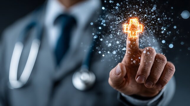 Doctor touching glowing medical cross icon on digital interface healthcare technology - Powered by Adobe