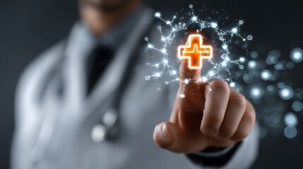 Doctor touching glowing orange plus sign with digital network connections medical