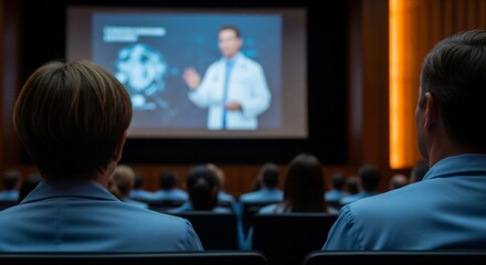 People in blue shirts attentively listening to a medical presentation