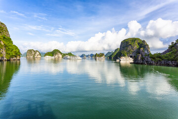 An open water view of the dramatic Ha Long Bay, Vinh Ha Long, a UNESCO World Heritage site