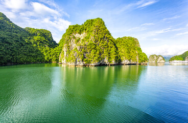 An open water view of the dramatic Ha Long Bay, Vinh Ha Long, a UNESCO World Heritage site