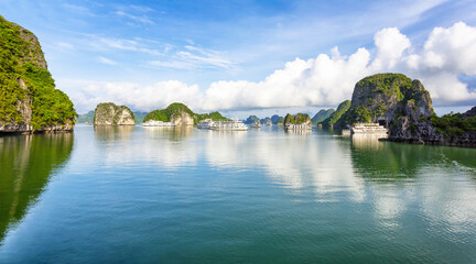 An open water view of the dramatic Ha Long Bay, Vinh Ha Long, a UNESCO World Heritage site