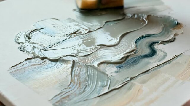 Medium shot of hand pressing a sponge into wet paint forming organic textured patterns on a blank canvas
