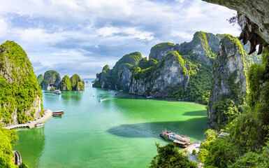 An open water view of the dramatic Ha Long Bay, Vinh Ha Long, a UNESCO World Heritage site