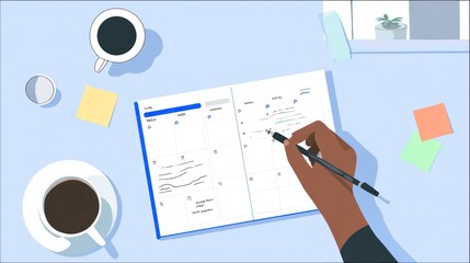 Overhead view hand writes in planner, coffee, sticky notes, desk, organized, and blue and white