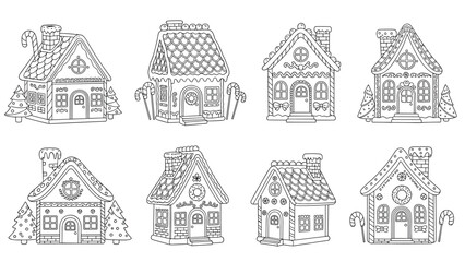 Fototapeta premium Collection of eight detailed gingerbread houses decorated with candy and icing, presented in a black and white line art style for Christmas coloring activities.