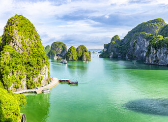 An open water view of the dramatic Ha Long Bay, Vinh Ha Long, a UNESCO World Heritage site