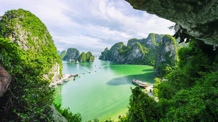 An open water view of the dramatic Ha Long Bay, Vinh Ha Long, a UNESCO World Heritage site