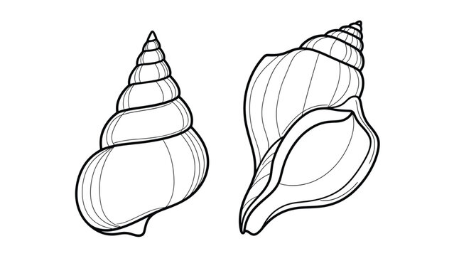 Two detailed seashells, a whelk and a turret shell, illustrated in a clean black and white line art style for coloring or nautical-themed designs.