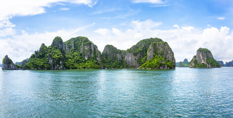 An open water view of the dramatic Ha Long Bay, Vinh Ha Long, a UNESCO World Heritage site