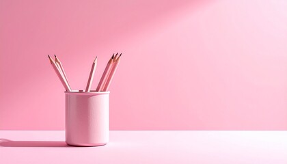 Pink Pencils in Cylindrical Holder on Monochromatic Pink Background with Soft Shadows and Minimalist Design Aesthetic
