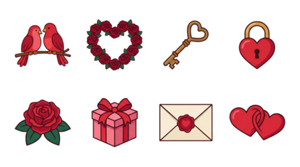 Valentine's day romantic set including love birds, rose wreath, key, heart lock, flower, gift box, envelope, and entwined hearts isolated. Wedding and anniversary celebration elements.