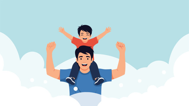 Happy father carrying his cheerful son on his shoulders against a cloudy sky background, symbolizing love, support, and fatherhood on Father's Day.
