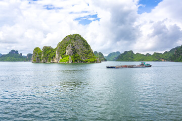 An open water view of the dramatic Ha Long Bay, Vinh Ha Long, a UNESCO World Heritage site