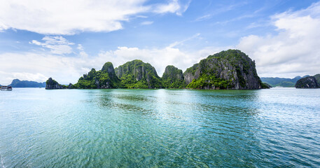 An open water view of the dramatic Ha Long Bay, Vinh Ha Long, a UNESCO World Heritage site