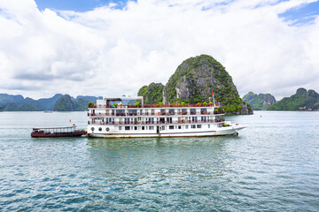 An open water view of the dramatic Ha Long Bay, Vinh Ha Long, a UNESCO World Heritage site
