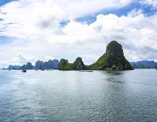 An open water view of the dramatic Ha Long Bay, Vinh Ha Long, a UNESCO World Heritage site