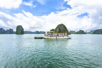 An open water view of the dramatic Ha Long Bay, Vinh Ha Long, a UNESCO World Heritage site